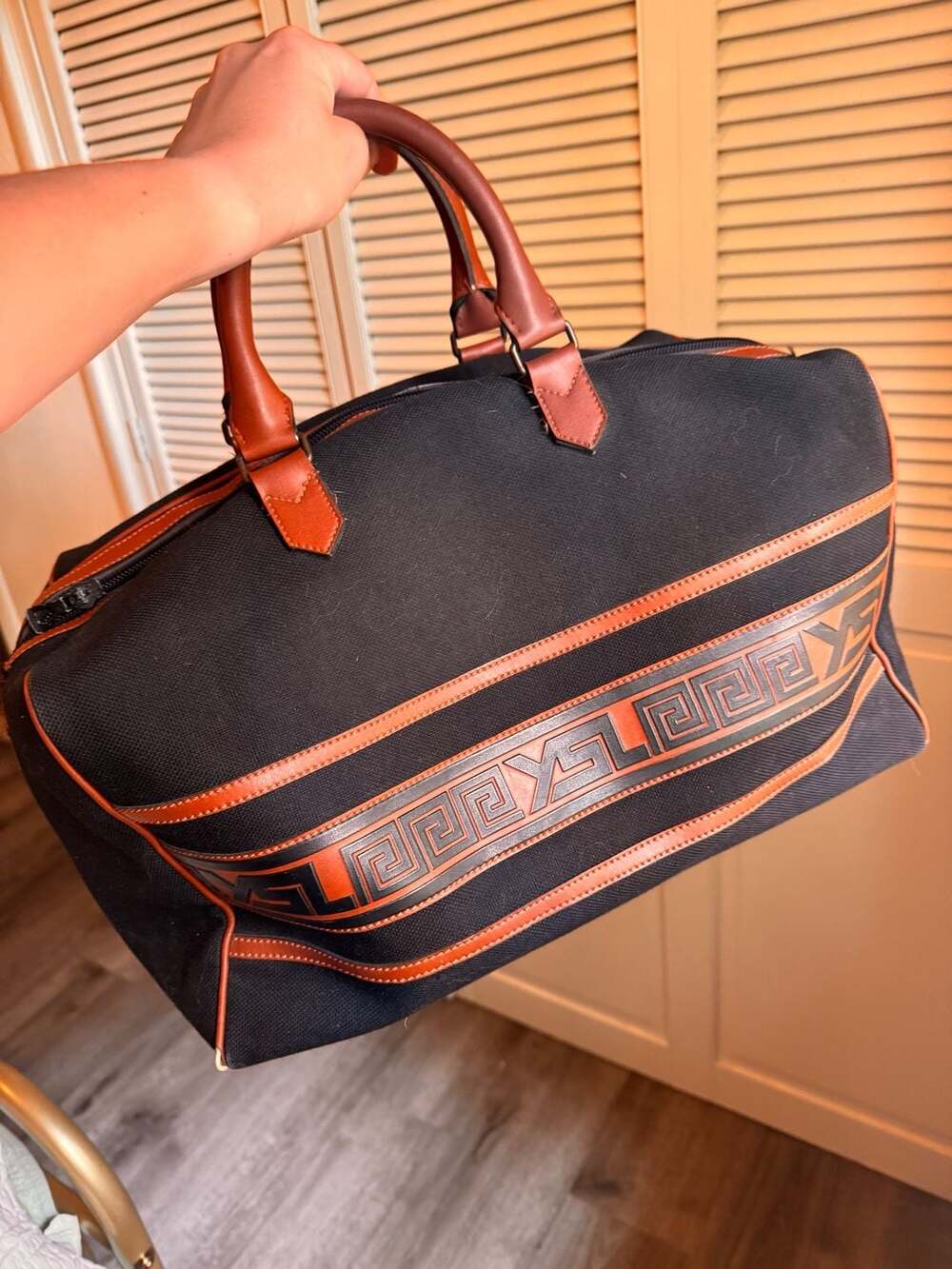 Yves Saint Laurent Vintage YSL Monogram Greek Key Canvas Boston Travel Bag Black - Picture 2 of 10